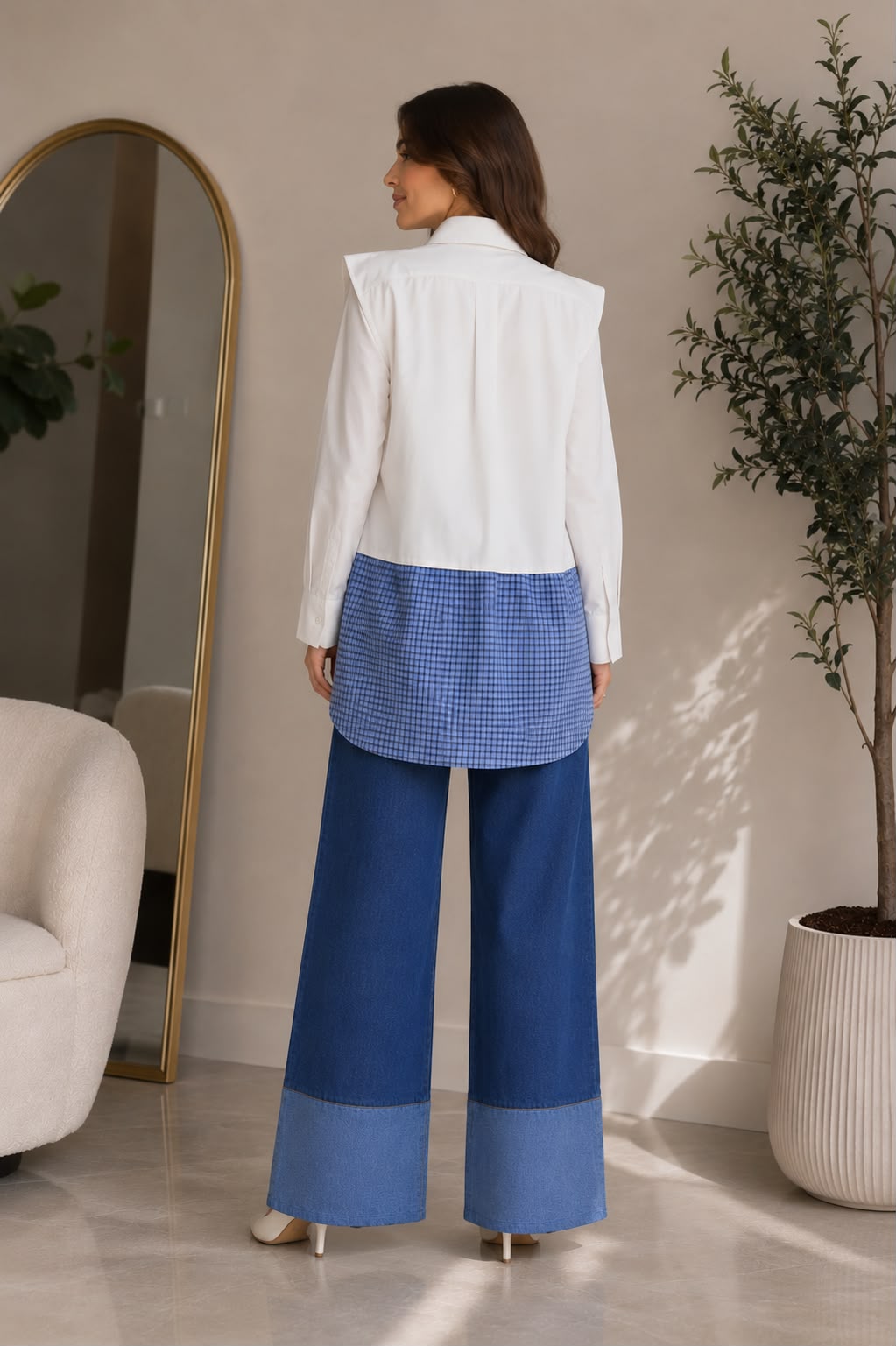 Contrast Gingham Poplin Shirt & Vest – White & Blue