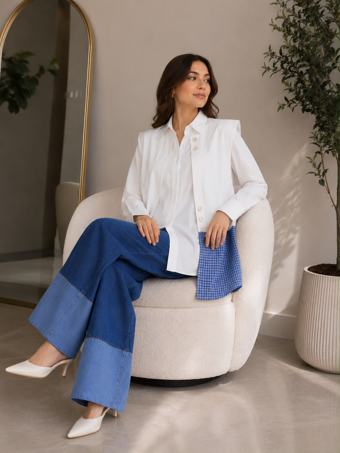Contrast Gingham Poplin Shirt & Vest – White & Blue