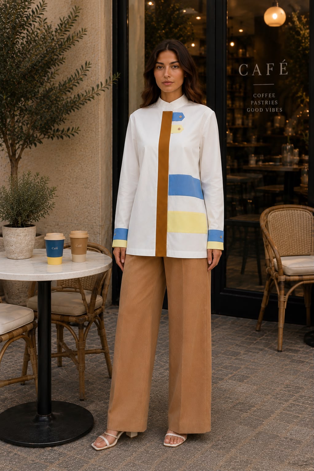 Color Block Poplin Shirt – White, Caramel & Sky Blue